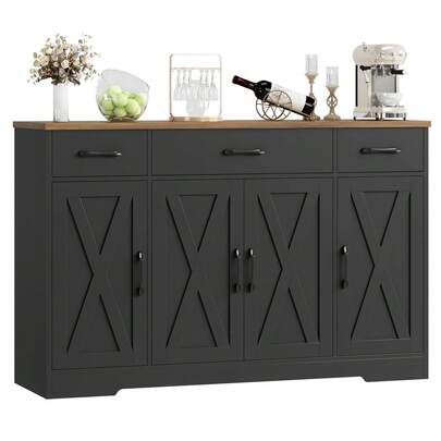 Buffet Cabinet With 3 Drawers And 4, 55.1 Kitchen Sideboard Storage Cabinet With Adjustable Shelves, Farmhouse Coffee Bar Dining Room, Black & Brown