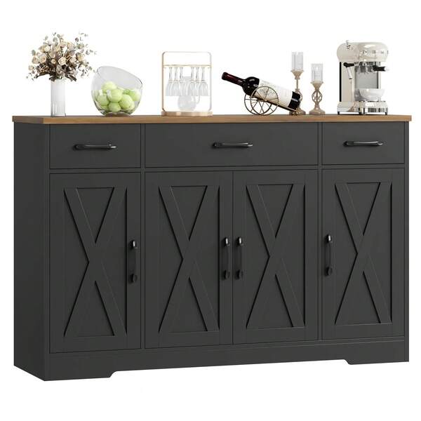 Buffet Cabinet With 3 Drawers And 4, 55.1 Kitchen Sideboard Storage Cabinet With Adjustable Shelves, Farmhouse Coffee Bar Dining Room, Black & Brown