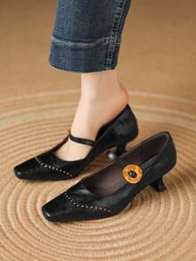 5厘米方头铆钉低鞋面单带复古细跟通勤玛丽珍鞋 - 黑色 - 查看 5