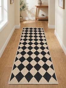 Modern Black And Beige Plaid Runner Rug - Non-Slip Washable 100% Polyester, Geometric Diamond Pattern Indoor/Outdoor Mat, Suitable For Hallway, Kitchen, Porch, Laundry Room, Entryway Decor, Holiday Gift, Washable Carpet, Easy Care Material - Multicolor - View 2