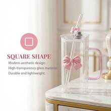 13.52oz Lightweight Luxury Transparent Square Glass Cup With Bowknot Handle And Straw, Heatproof, Suitable For Coffee, Milk, Juice, Breakfast, Home, Restaurant, Kitchen - Multicolor - View 1