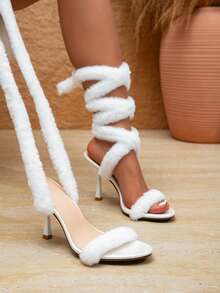 Women's New Sexy White Furry Lace-Up High Heel Shoes, Round Toe Stiletto Heel Sandals For Nightclub Party