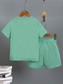 Toddler Letter Print Short Sleeve T-Shirt And Shorts Set - Mint Green - View 2