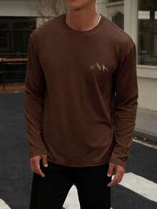 Áo thun nam cổ tròn tay dài in hình núi tối giản, mặc thường ngày, mùa xuân/thu - Cà phê nâu - Xem 2