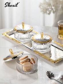 shoxil 1pc Striped Glass Bowl With Gold-Tone Lid, Suitable For Nuts, Yogurt, Ice Cream, Jewelry Storage, Tray, Decor, Serving, Applicable For Home, Restaurant, Gathering, Ramadan And Other Occasions - Bowl - View 5