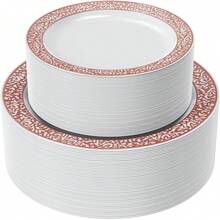 50/25/14/7/1件套玫瑰金镂空餐具，包括食物托盘、水果沙拉盘、餐盘、碟子，可重复使用，可水洗，适用于婚礼装饰、圣诞节装饰、生日派对、家庭聚会、户外团队建设、学校、餐厅和厨房派对餐具，也是家庭学校节日礼物的理想之选。 - 白底 - 查看 4