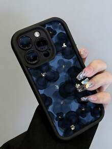 Flower 1pc Minimalist Creative Navy Blue Floral Pattern Painted Shockproof TPU Phone Case Compatible With Apple XS/XS Max/XR/11/12/13/14/14 Plus/15/15 Plus/16/16 Plus/7/8 Plus/17/17 Pro And Other Models - Black - View 2