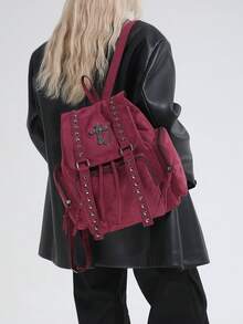 Y2K Streetwear Studded Flap Backpack For Women; Multifunctional Fashion Drawstring Shoulder Bag; Multi-Pocket Lightweight Travel Bag; Large Capacity Minimalist Student Backpack; Portable Backpack Suitable For Students, Nurses, Teachers, Business Professionals, Travel, Commuting, Shopping, Office, Dating, Hiking, Training, Work, Birthday Gift, Holiday Gift - Multicolor - View 10