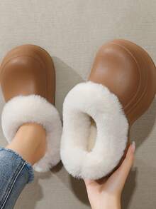 女士纯色户外EVA冬季无后跟头套拖鞋，厚底室内加绒低帮雪地靴，保暖舒适的家居鞋 - 卡其色 - 查看 3