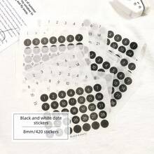 12 Sheets Black And White Round Number Sticker, Year Round Date Monthly Plan Round Sticker, Digital Sticker, Planner Accessories - Black and White - View 1