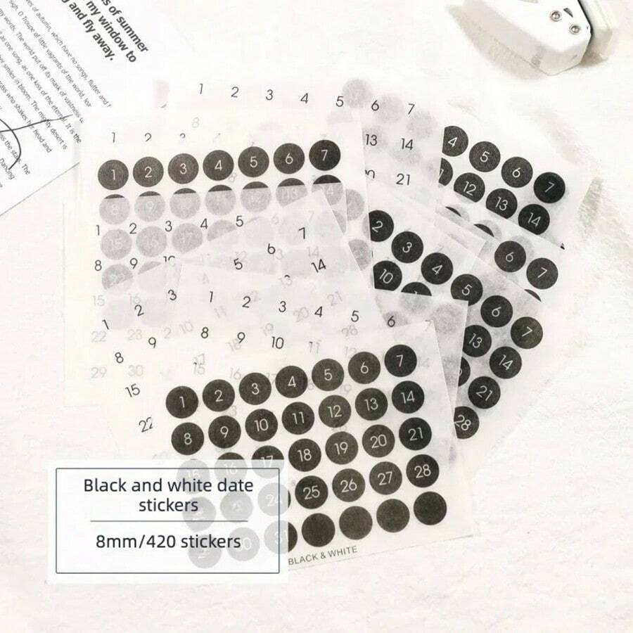 12 Sheets Black And White Round Number Sticker, Year Round Date Monthly Plan Round Sticker, Digital Sticker, Planner Accessories - Black and White - View 1