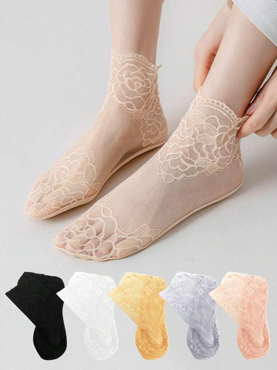 5 Pairs Of Summer Women's Student Thin Fashionable Comfortable Hollowed Out Mesh Breathable Rose Edge Lace Socks