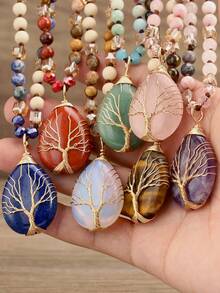 Dây chuyền hạt đá thạch anh hồng tự nhiên với mặt dây chuyền hình giọt nước - Phong cách Bohemian độc đáo, hoàn hảo cho trang phục thường ngày và là món quà lý tưởng cho Ngày của Mẹ. - Hồng - Xem 3