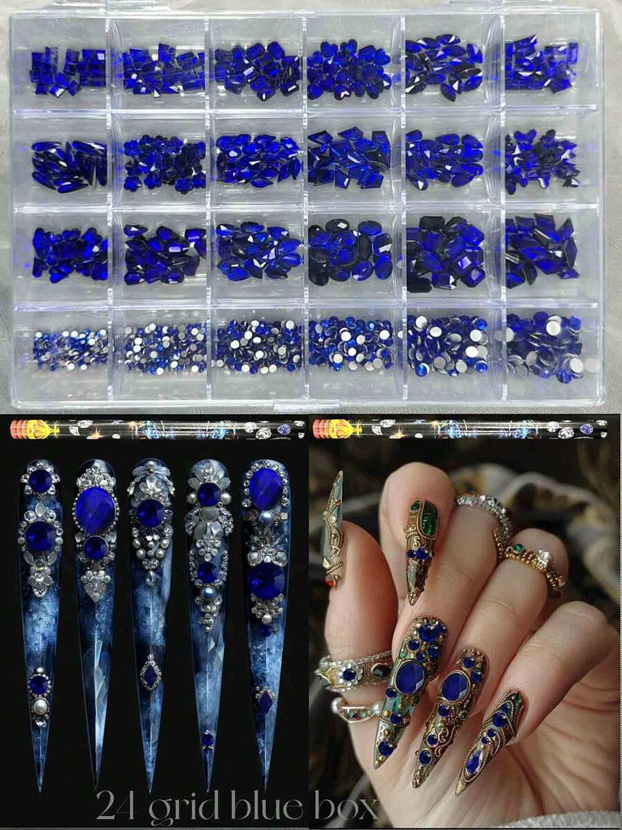 KIRAME 24 Grids DIY Manicure K9 Glass Blue Flat Bottom Rhinestone Set - 20pcs High Gloss Rhinestones Per Style, Includes 2 Dotting Tools, Nail Gems, Nail Salon, Home Manicure, Nail Art Supplies, Christmas, New Year, Valentine's Day Nail Art, Holiday Gift, Suitable For Crafts, Clothing, Textiles, Shoes, Glassware, Jewelry Making - Multi-Size Shiny Decorations Nails - 藍色 - 查看 1