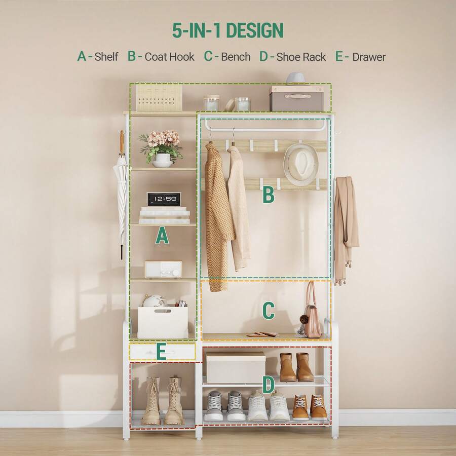 Hzuaneri Coat Rack With Shoe Storage, Coat And Shoe Rack With 3-Tier Storage Bench And Drawer, 5-In-1 Hall Tree With 17 Hooks, Side Book Shelves For Bedroom, Hallway Living Room - White Oak Color - View 1