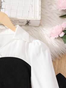 Girls Elegant Color Block Shirt Collar Top And Fashionable Retro Sequin Flare Pants Set, Suitable For Spring And Autumn - Black - View 5