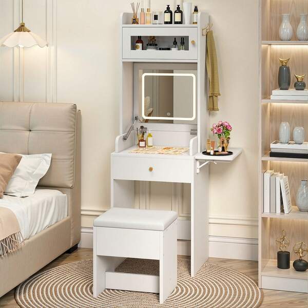 Dressing Table With Foldable LED Mirror, Compact Vanity Desk With Flip-Up Panel, Cushioned Stool, Tempered Glass Top, Storage Drawer & Hooks, Small Makeup Table For Bedroom, White-By GeoTower