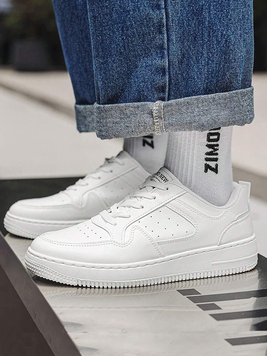 (Runs Small) Soft Material, New Men's Air Skateboard Shoes, Non-Slip, Lightweight, Comfortable Commuting, Simple Skateboard Shoes, White Fashion Men's Sneakers, Student Small White Shoes - White - View 1