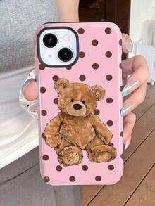1pc Glossy 2-In-1 Teddy Bear & Polka Dot Pattern Phone Case, Suitable Compatible With Samsung/ 11/12/13/14/15/16/17 Pro Max - Multicolor - View 1