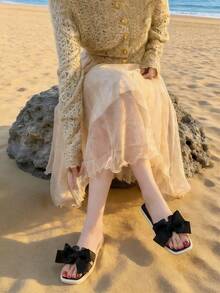 女士平底凉鞋，新款夏季蝴蝶结设计，优雅女士凉鞋，休闲舒适，时尚简约，柔软轻便，适合海滩、旅行、婚礼、派对、户外活动等场合，黑色 - 黑色 - 查看 8