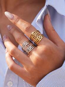 Frminee 2pcs/1pc Chunky Cross X-Ring Women's 18k Gold Plated Stainless Steel Ring, Stackable Stainless Steel Statement Jewelry, Durable, Sturdy, Comfortable Jewelry, Holiday Gift - Multicolor - View 2