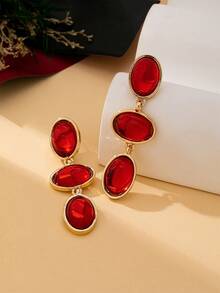 1 Pair Fashionable Faux Gemstone Encrusted Oval Stud Earrings, Suitable For Women's Party, Gathering, Daily Wear, Versatile Gift - Red - View 4