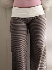 Sunny Girly Spring Women's Back To School Striped Straight-Leg Pants, With A White Ruffled Waist Design, Suitable For Valentine's Day Wear - Brown - View 7