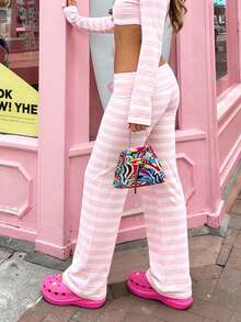 Women's Comfy Pajama Pants Wide Leg Lounge Palazzo Yoga Pants Stretch Casual Floral Print Fold Waist Pants - Hồng - Xem 4