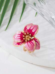 1 chiếc nhẫn hoa ba cánh hai lớp màu hồng nhuộm gradient thời trang, đa năng, thích hợp cho kỳ nghỉ, du lịch, hẹn hò và đeo hàng ngày, được làm thủ công bằng chất liệu Dopamine. - Hồng - Xem 4