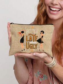 “迟到总比不到好”化妆品和洗漱用品收纳包 - 红色和金色复古少女设计，带有标语，轻便可折叠拉链包，化妆品和洗漱用品收纳包，拉链化妆包，轻便零钱包，洗漱包，储物袋，旅行配件，购物佳品，用途广泛，适合旅行，送给女友、妻子、闺蜜的可爱礼物，情人节和斋月礼物 - 彩色 - 查看 11