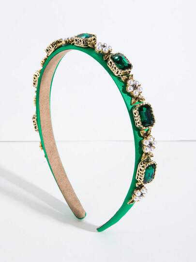 1pc Solid Color Fabric European & American Baroque Thin Headband, Vintage Luxurious Rhinestone Flower Decor Accessory, Elegant Party Headpiece