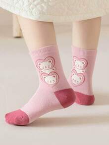 5 Pairs Girls' Cartoon Cute Mid-Calf Socks, Pink Bear Pattern Mid-Calf Socks For Girls, Suitable For School Season - Multicolor - View 2
