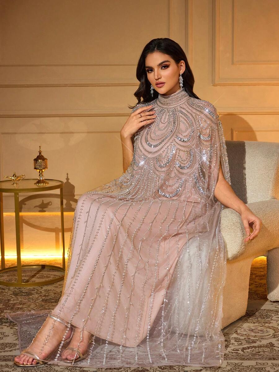 Elegant Long Robe, Stand Collar, Batwing Sleeves, Woven Fabric, Decorated With Delicate Embroidery Details. - Coral Pink - View 1