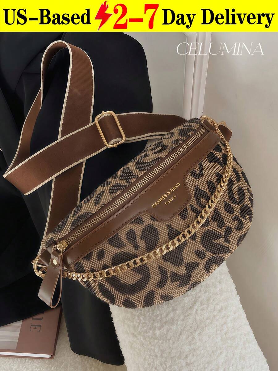 Millennial Vintage Chain Decor Houndstooth & Leopard Print Shoulder & Waist Bag For Women,Leopard Print Bag, Animal Print Women Bag, Adjustable Crossbody Chest Bag With Gold Chain Detail, Spacious Fanny Pack For Travel, Parties, Concerts & Daily Use, Unisex Waist Bag Fits Phone, Wallet, Keys In Black & Brown Options,The Best Gift Choice, Birthday Gift, Valentine's Day[US Local Warehouse] - 彩色 - 查看 1