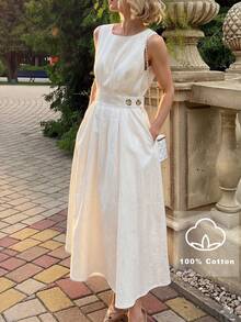 Women's Elegant Sleeveless Midi Cotton Dress, White, Fashionable Minimalist Style Suitable For Daily Commute, Spring/Summer - Apricot - View 8