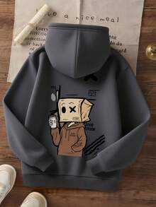 1件装男童休闲印花套头卫衣，保暖内衬，长袖，秋冬季 - 深灰色 - 查看 3