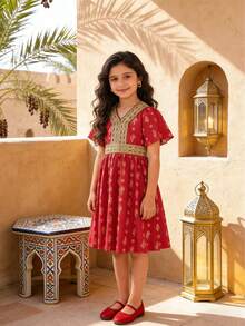Girls' Spring/Summer New Ramadan Dress, Burgundy Foil Floral Pattern + Lace Crochet Trim, Children's Traditional Embroidered Formal Dress - Red - View 4