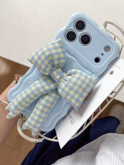 蝴蝶结极简时尚波浪陨石格纹蝴蝶结手机壳，兼容 17/16/15/14/13