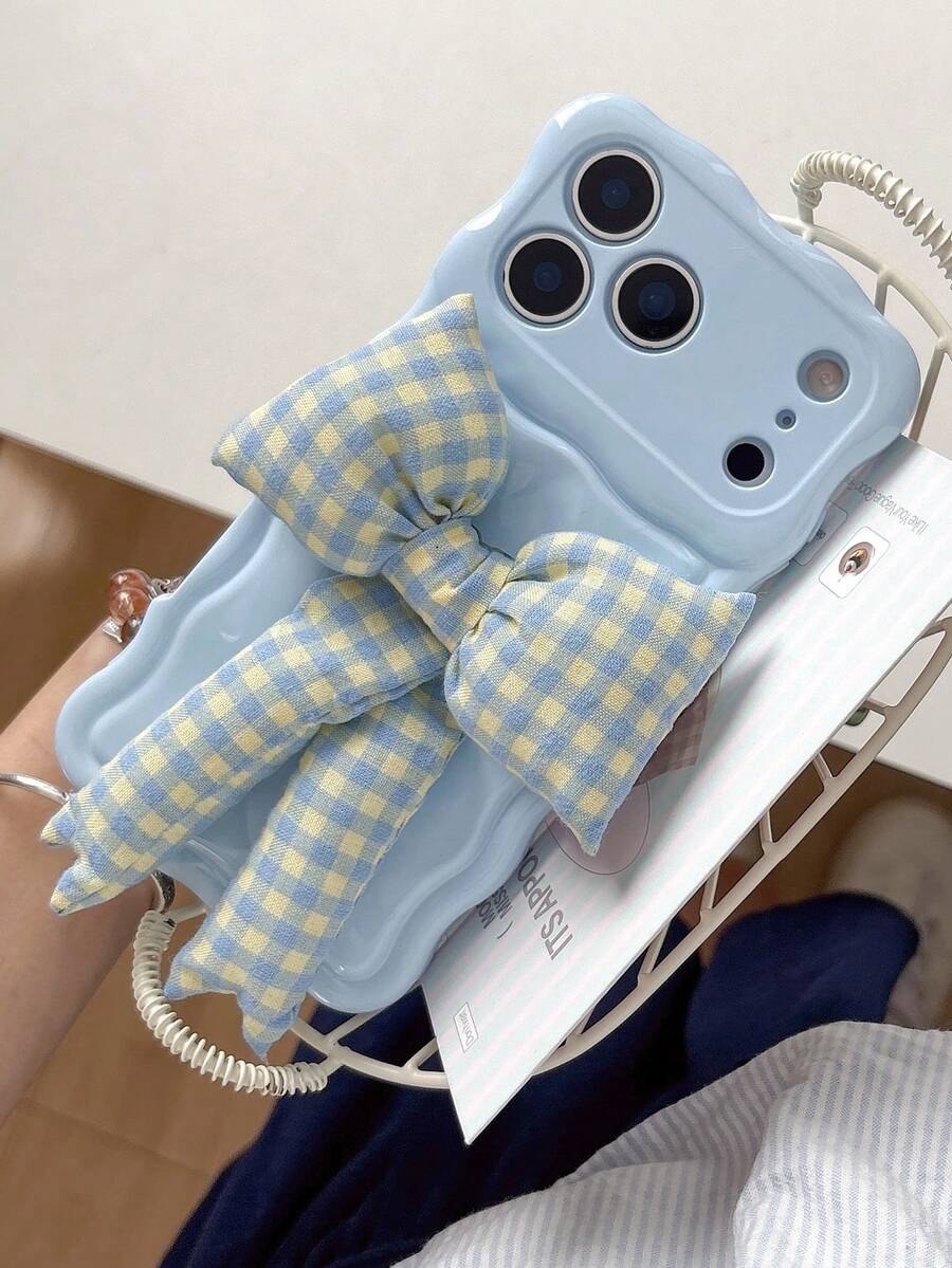 蝴蝶结极简时尚波浪陨石格纹蝴蝶结手机壳，兼容 17/16/15/14/13 - 淺藍色 - 查看 1