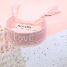 1pc Handmade Embroidered Love Letter Boho Tassel Braided Bracelet - Baby Pink - View 7