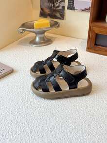 1双夏季新款儿童露趾凉鞋，男女童软底防滑编织罗马鞋，百搭时尚幼儿平底鞋 - 黑色 - 查看 3