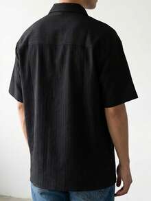 Men's Black Textured Short Sleeve Shirt, High-Quality Breathable Top, Fashionable Button-Down Casual Shirt, Suitable For Daily Casual Street Style - Black - View 4