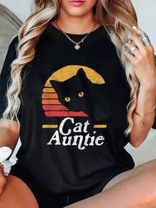 100% Cotton Unisex Cat Aunt Vintage Eighties Style Sun Cat Retro Distressed T-Shirt Wo Soft Crew Neck Tee Summer Tops Printing Short Sleeve T-Shirt - 黑色 - 查看 5
