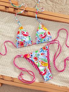 Sultry Sol Bộ bikini hai mảnh mùa hè dành cho nữ, áo cổ yếm phối màu tương phản tươi mát kết hợp với quần bơi buộc dây bên hông, gợi cảm và quyến rũ, phù hợp cho phái nữ, đồ bơi thời trang cho kỳ nghỉ, tiệc bể bơi. - Nhiều màu - Xem 7