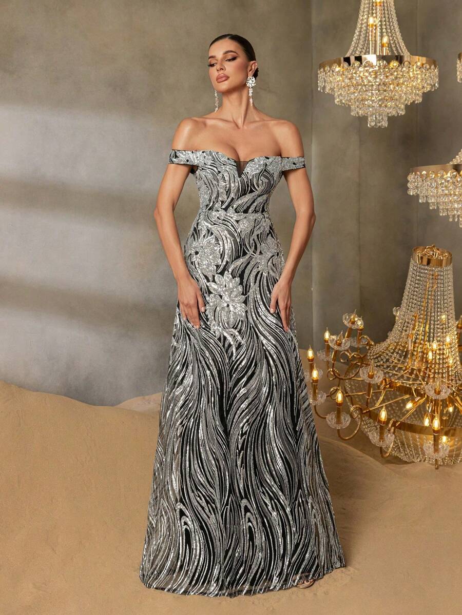 Faeriesty Đầm dạ hội nữ thanh lịch hở vai đính sequin, thiết kế thắt nơ sau lưng, kiểu dáng ôm sát trang trọng, phù hợp cho các buổi dạ tiệc trang trọng, sự kiện thảm đỏ, vũ hội, trang phục dự đám cưới và các bữa tiệc ngày lễ. Tiệc mùa xuân nghỉ lễ. - Bạc - Xem 1