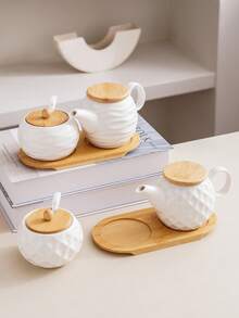 1 Set White Ceramic Kitchen Storage Jars & Spice Rack With Bamboo Tray, Ceramic Spice Jars With Natural Bamboo Lids, Creative Nordic Style Diamond & Wave Pattern, Suitable For Hotel, Restaurant, Home Kitchen Seasoning Bottles, Oil, Vinegar, Spices - White - View 6