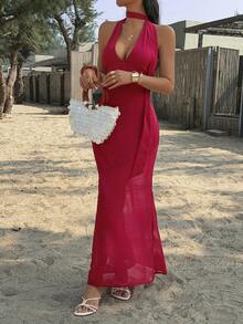 Unadoll Women's Sexy V-Neck Tie Front And Back Slit Polka Dot Fabric Elegant Dress, Suitable For Dates, Vacations, Outings, Valentine's Day, Dinners, Birthday Parties And Other Occasions - Red - View 7