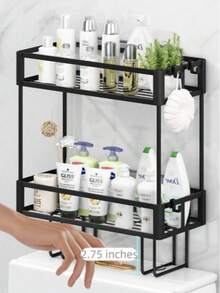 1-Piece Bathroom Storage Rack Set - Wall Mounted Floating Rack With 2 Hooks And Toilet Paper Holder, Sturdy Metal Toilet Storage Rack For Toiletries, Towels, And Decorations, Multifunctional Space Saving Solution For Bathroom Vanity, Toilet, And Toilet, Perfect Holiday Gift - 黑色 - 查看 4