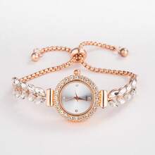 全新休闲时尚女士手链表，可爱圆形小表盘，带水晶、叶子和羽毛表带，合金石英表，女士礼物