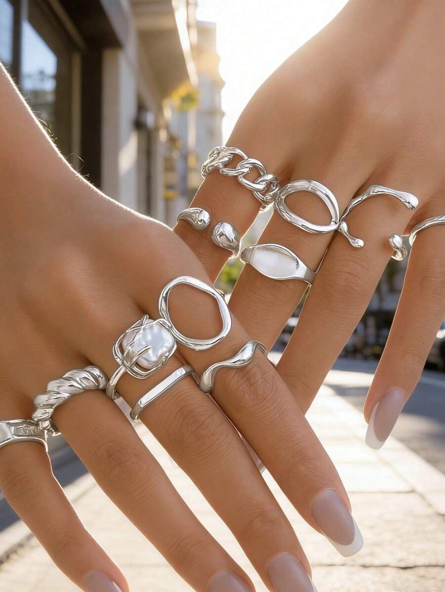 "12PCS Women's Adjustable Ring Set - Gold Retro Chain/Geometric/Baroque Pearl Design Fashion Finger Jewelry For Daily & Streetwear" - Pearl Geometric 12 Pieces - View 1